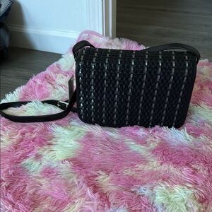 Liz Claiborne Black Crossbody Bag with Sleek Pinstripe Design